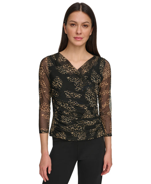 Women's 3/4-Sleeve Printed Mesh V-Neck Top